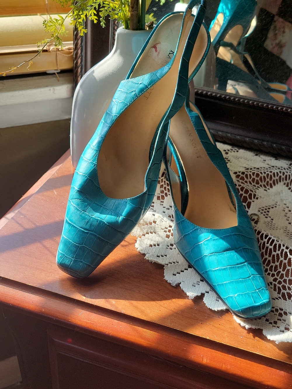 Karen Scott Teal Croc-Embossed Slingback Pumps